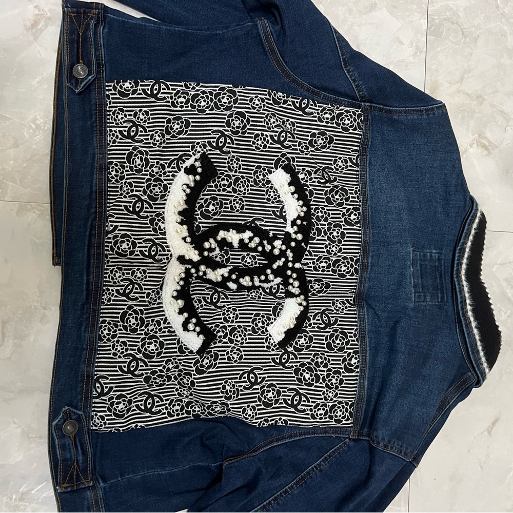Denim Couture Jacket – Pearl Logo & Luxe Collar Detail - Picture 3 of 12